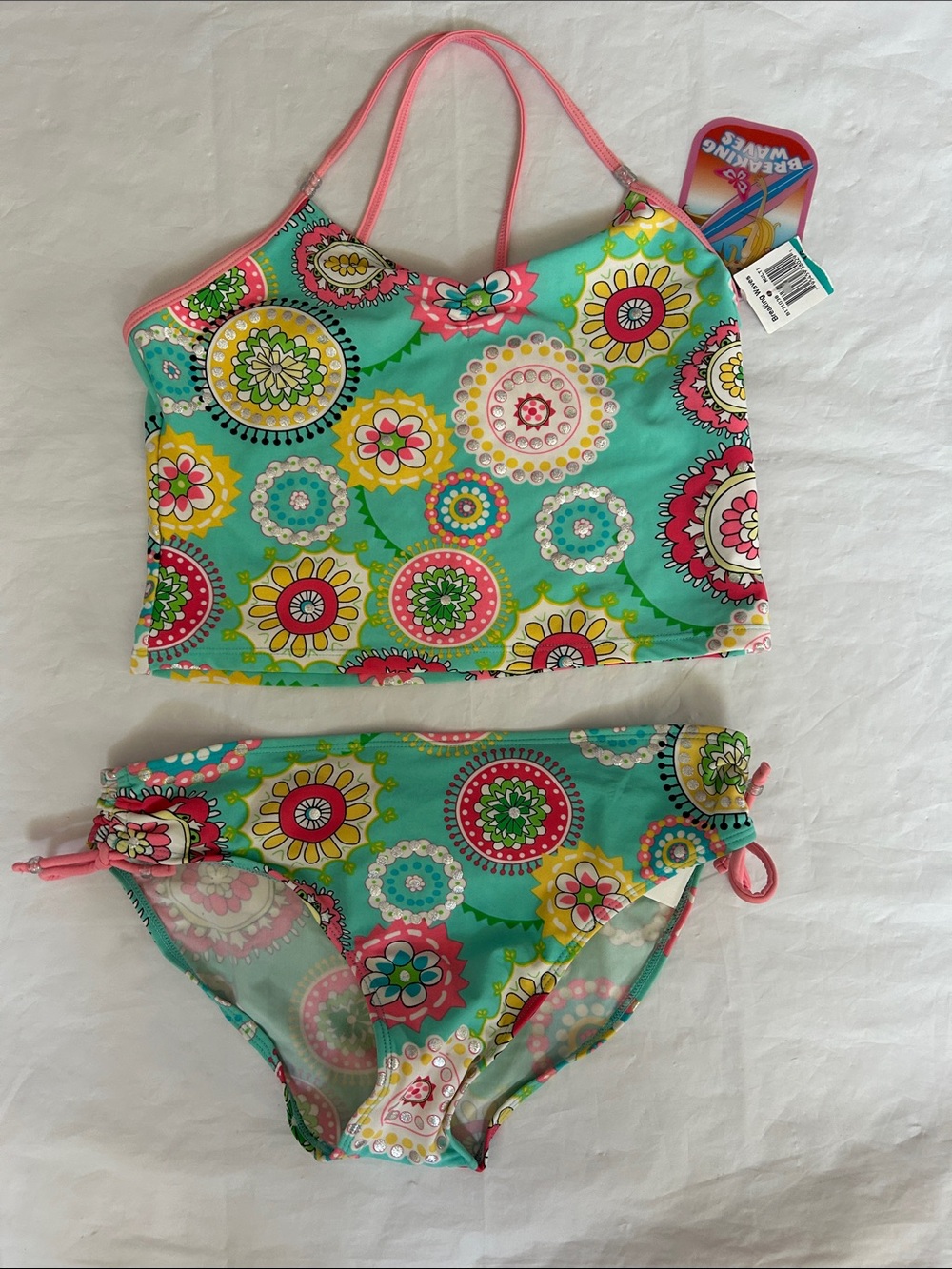 Kids Floral Tankini Bikini Set - Aqua & Pink